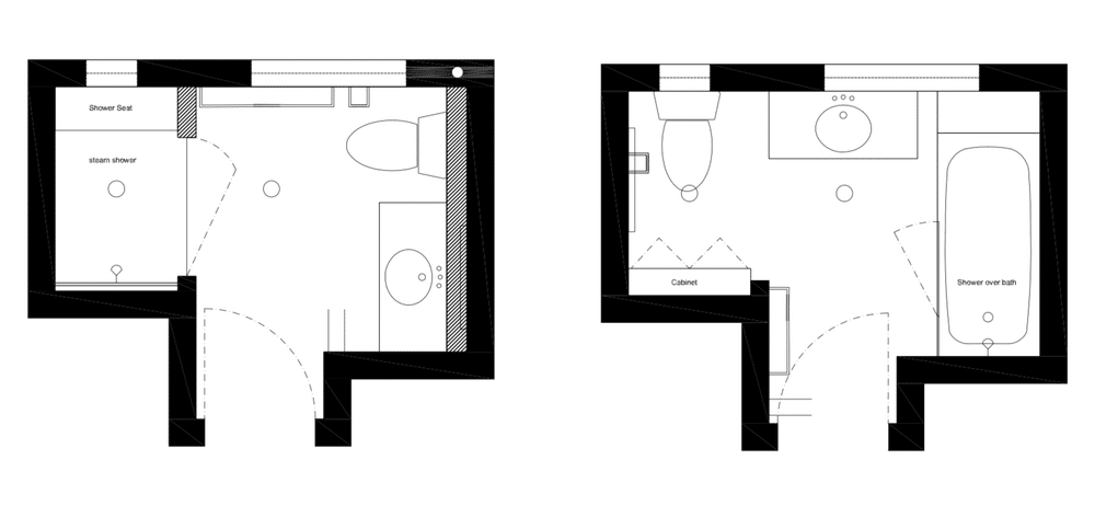 sample example bathroom renovation floor plan two options vanity toilet shower tub journey home interiors