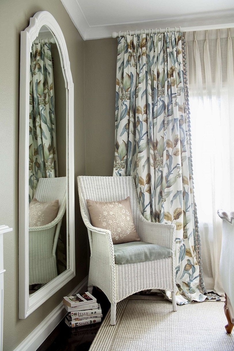 canberra hamptons style bungalow pattern floral drapery custom window treatments wicker chair journey home