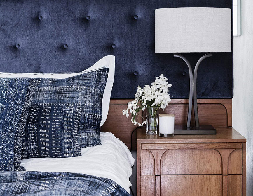 classic bedroom navy white velvet denim warm wood canberra interior designer