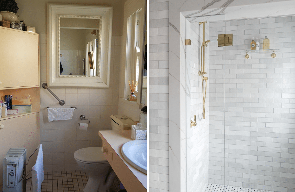 how much to renovate a bathroom before apricot after inset shower with architraves subway tile brass gold hardware