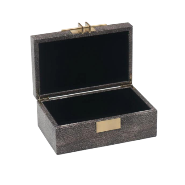 A luxury leather box in shagreen finish and brass pin. Also available in green here. Please note: Upon ordering, we will confirm product availability and add your freight bill to your order on processing. Please include your phone number so we can discuss options for delivery. Showroom floor stock is available for collection from our Manuka Studio(Shop 8 Manuka Village, 33 Bougainville, Manuka, Canberra, ACT, 2603).